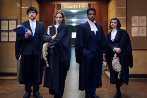 Defending The Guilty. Image shows from L to R: Will Packham (Will Sharpe), Caroline Bratt (Katherine Parkinson), Ashley (Prasanna Puwanarajah), Danielle (Gwyneth Keyworth). Copyright: Big Talk Productions.