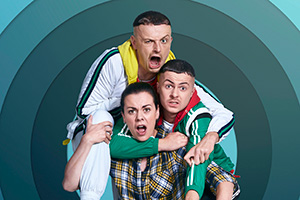 The Young Offenders. Image shows from L to R: Jock O'Keeffe (Chris Walley), Mairead MacSweeney (Hilary Rose), Conor MacSweeney (Alex Murphy).