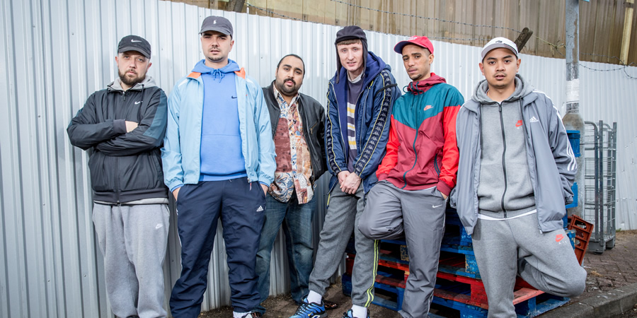 People Just Do Nothing. Image shows from L to R: Beats (Hugo Chegwin), Grindah (Allan Mustafa), Chabuddy G (Asim Chaudhry), Steves (Steve Stamp), Decoy (Daniel Sylvester Woolford), Fantasy (Marvin Jay Alvarez). Copyright: Roughcut Television.