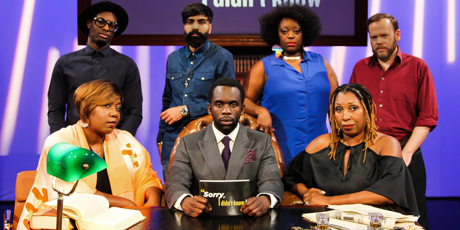 Sorry, I Didn't Know. Image shows from L to R: Chizzy Akudolu, Jimmy James Jones, Paul Chowdhry, Jimmy Akingbola, Judi Love, Jo Martin, Toby Williams. Copyright: Triforce Productions.