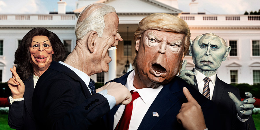 Kamala Harris, Joe Biden, Donald Trump and Vladimir Putin puppets. Copyright: Avalon Television.