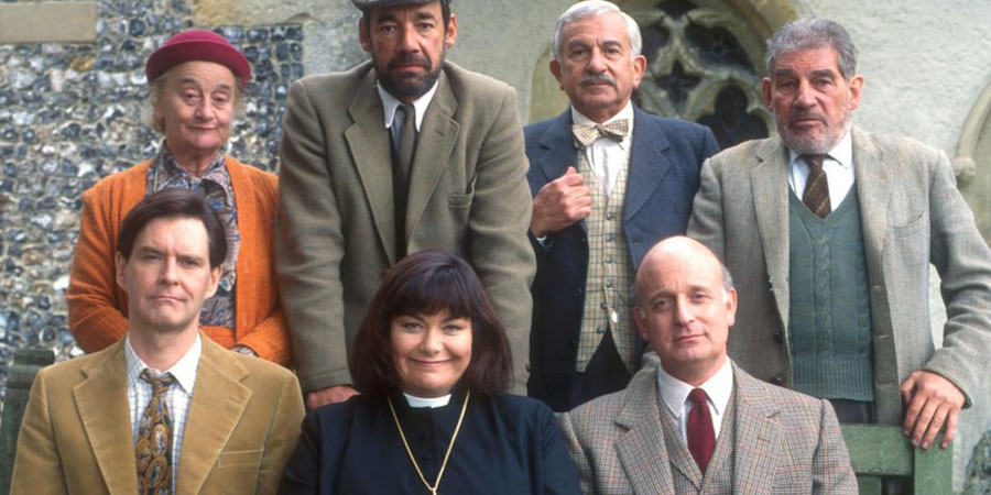 The Vicar Of Dibley. Image shows from L to R: Hugo Horton (James Fleet), Letitia Cropley (Liz Smith), Owen Newitt (Roger Lloyd-Pack), Geraldine Grainger (Dawn French), Frank Pickle (John Bluthal), David Horton (Gary Waldhorn), Jim Trott (Trevor Peacock). Copyright: Tiger Aspect Productions.