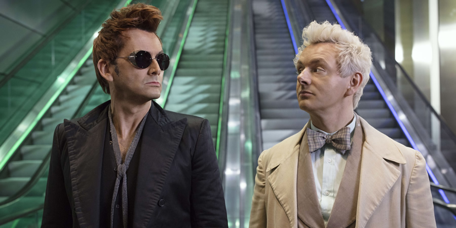 Good Omens. Image shows from L to R: Crowley (David Tennant), Aziraphale (Michael Sheen).