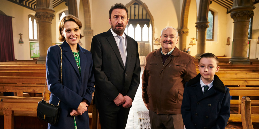 Not Going Out. Image shows from L to R: Lucy (Sally Bretton), Lee (Lee Mack), Frank (Bobby Ball), Charlie (Finley Southby).