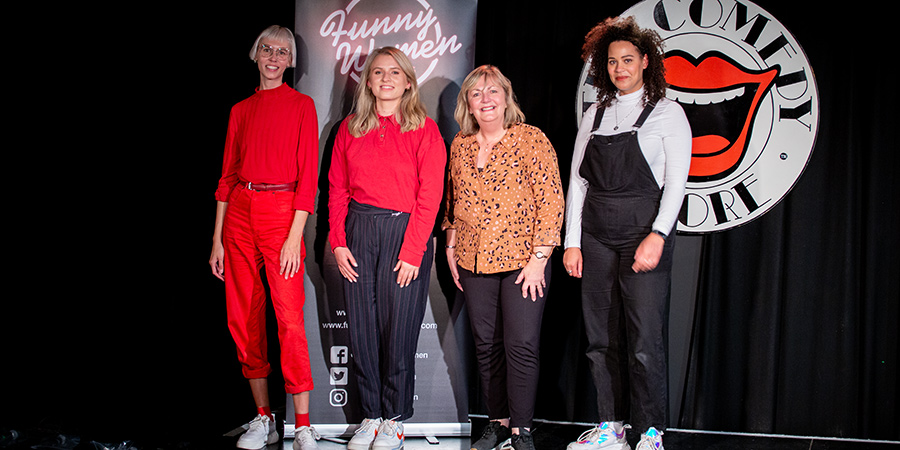 Funny Women Stage Award 2020 finalists with Lynne Parker. Image shows from L to R: Eryn Tett, Izzy Askwith, Lynne Parker, Mary O'Connell.