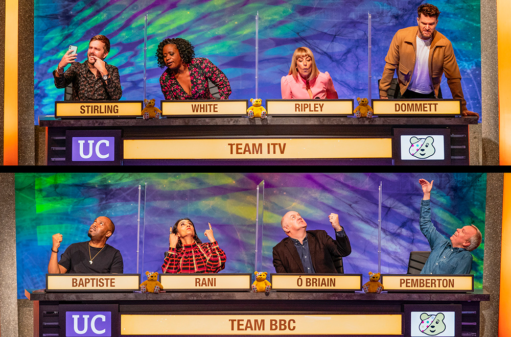 University Challenge for BBC Children In Need 2020. Image shows from L to R: Iain Stirling, Dane Baptiste, Charlene White, Anita Rani, Fay Ripley, Dara O Briain, Joel Dommett, Steve Pemberton.